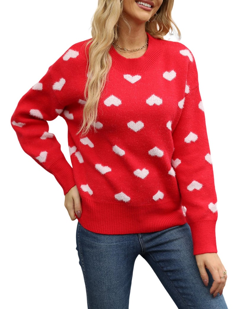 Gihuo Heart Sweater for Women Cute Kawaii Casual Crewneck Long Sleeve Knitted Pullover Sweaters(Red-M) - Image 1