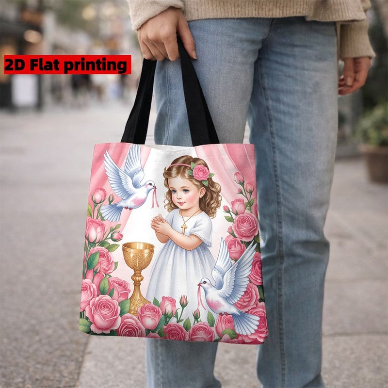 حقيبة تسوق دينية لفتاة ملاك 1 قطعة 35 × 40 سم 14 × 16 بوصة وردي أبيض حمامة حقيبة يد مناسبة للمناولة الأولى هدية المعمودية حفلات الزفاف الذكرى السنوية أحداث الكنيسة الاستحمام الاستخدام اليومي متعدد الألوان - Image 5