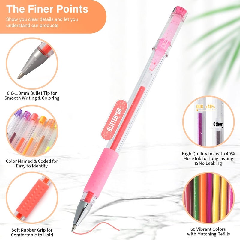 ZSCM QUALITY DECIDES THE FUTURE 120 Pack Glitter Gel Pens Set, ZSCM 60 Colors Pens Include 48 Glitter Pens, 12Classic Pen With 60 Matching Color Refills, Canvas Bag For Adults Coloring Books Drawing Journaling Scrapbook - Image 2