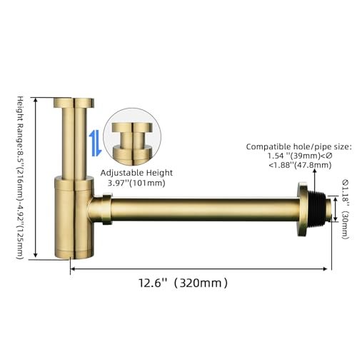 GORDEE Bathroom Brass Contemporary Round Bottle P Trap 1-1/4, Lavatory Adjustable Basin Sink Waste Drain P-Trap Kit, General US Standard, Brushed Nickel Gold - Image 3
