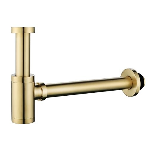 GORDEE Bathroom Brass Contemporary Round Bottle P Trap 1-1/4, Lavatory Adjustable Basin Sink Waste Drain P-Trap Kit, General US Standard, Brushed Nickel Gold - Image 1