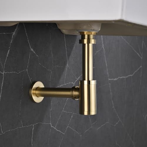 GORDEE Bathroom Brass Contemporary Round Bottle P Trap 1-1/4, Lavatory Adjustable Basin Sink Waste Drain P-Trap Kit, General US Standard, Brushed Nickel Gold - Image 2