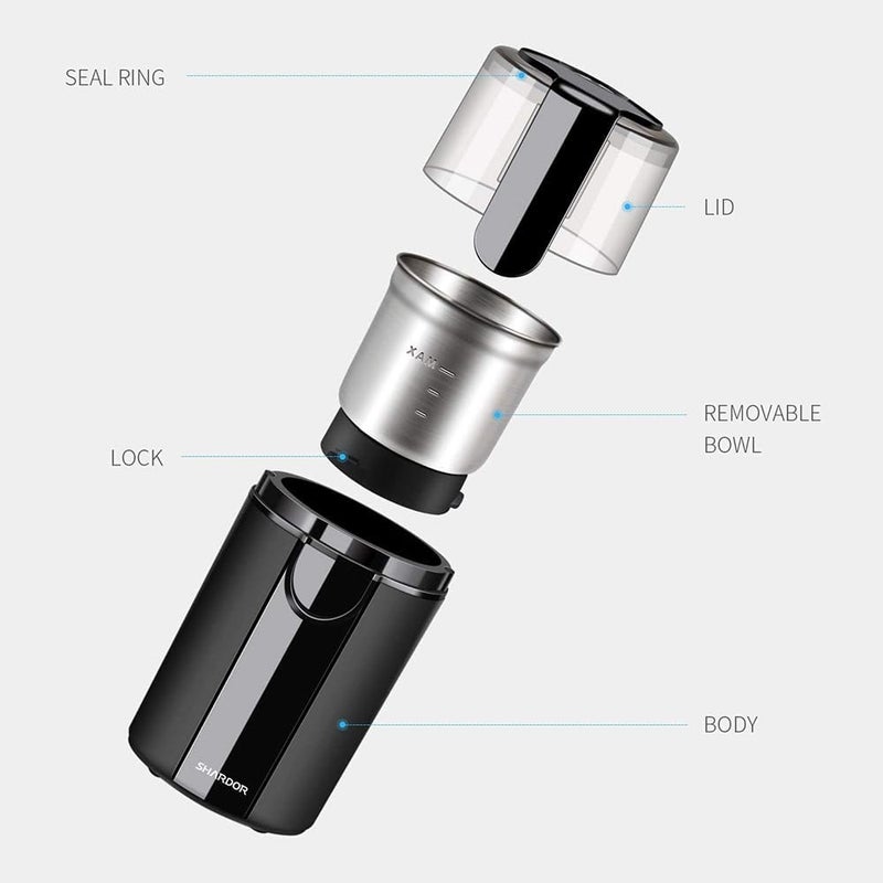 SHARDOR مطحنة قهوة كهربائية، مطحنة حبوب قهوة كهربائية، مطحنة أعشاب، مكسرات، حبوب مع وعاء ستانلس ستيل قابل للإزالة، أسود - Image 4