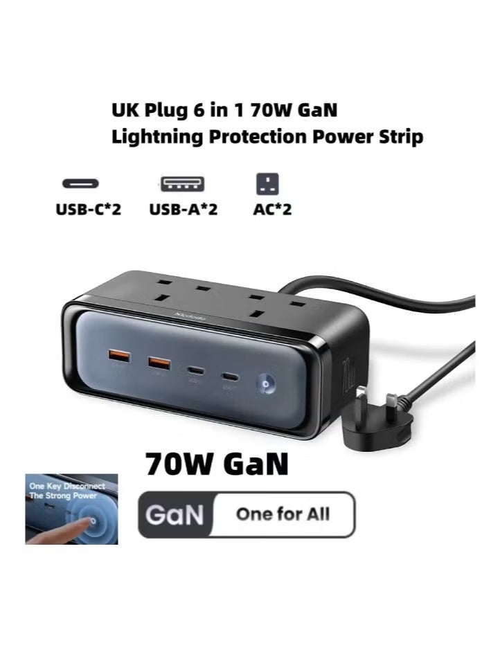 Mcdodo CH‑459 6‑in‑1 70W GaN Lightning & Surge Protection Power Strip — 3×AC + 2×USB‑C + 1×USB‑A, Smart Power Hub (Black) - Image 3