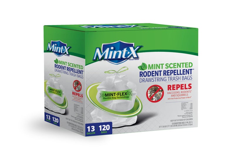 Mint-X أكياس قمامة داخلية طويلة بسحاب مع تقنية MintFlex 13 جالون 120 عدداً بيضاء طاردة للجرذان - Image 1