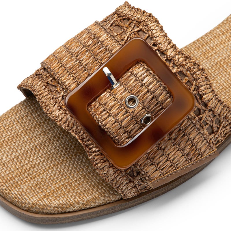 Rihero Raffia Flat Sandals for Women Slip On Beach Slides Square Toe Summer Buckle Fashion Woven Sandals Dark Brown Size 10 - Image 5