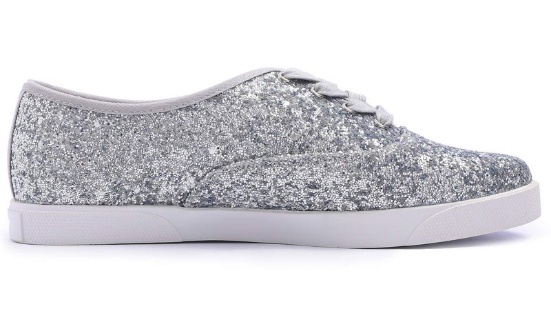 FEVERSOLE Women's Fashion Dress Sneakers Party Bling Casual Flats Embellished Shoes Silver Plimsolls Glitter Lace Size 7.5 M US - Image 3