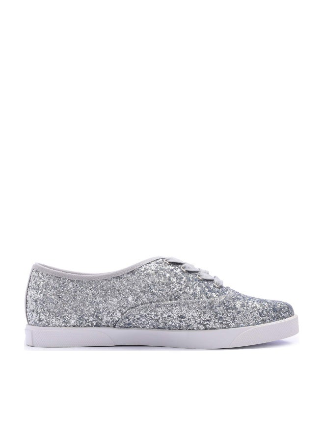 FEVERSOLE Women's Fashion Dress Sneakers Party Bling Casual Flats Embellished Shoes Silver Plimsolls Glitter Lace Size 7.5 M US - Image 1