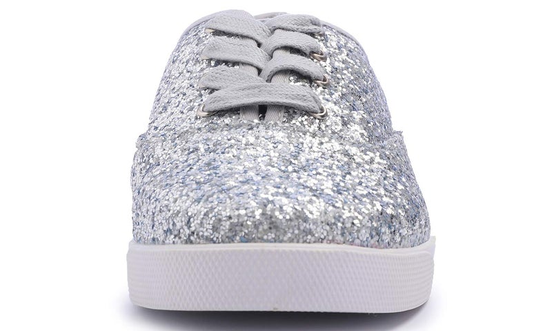 FEVERSOLE Women's Fashion Dress Sneakers Party Bling Casual Flats Embellished Shoes Silver Plimsolls Glitter Lace Size 7.5 M US - Image 2