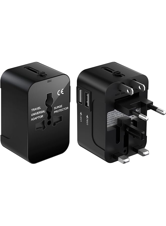 promass Universal Worldwide Travel Adapter, Portable Power Adapter Converter (Black) Worldwide AC Outlet Plugs Adapters for Europe, UK, US, AU, Asia-Black, International Adaptor USB 1 and USB 2 Ports - Image 1