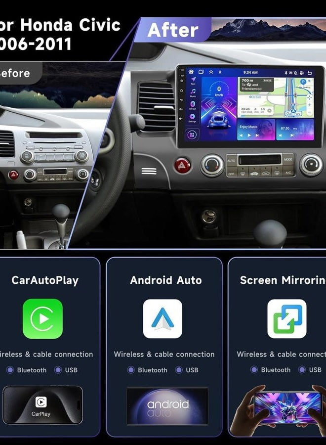 Podofo 8 Core 6G+128G Car Stereo Radio for Honda Civic 2006-2011 with Wireless CarPlay/Android Auto/9 Inch 1280 * 720P IPS Touchscreen/Bluetooth 5.0/GPS/WiFi/DSP/36 EQ/AHD Backup Camera - Image 2