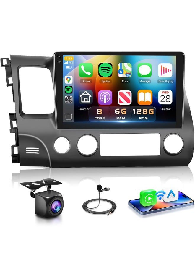 Podofo 8 Core 6G+128G Car Stereo Radio for Honda Civic 2006-2011 with Wireless CarPlay/Android Auto/9 Inch 1280 * 720P IPS Touchscreen/Bluetooth 5.0/GPS/WiFi/DSP/36 EQ/AHD Backup Camera - Image 1