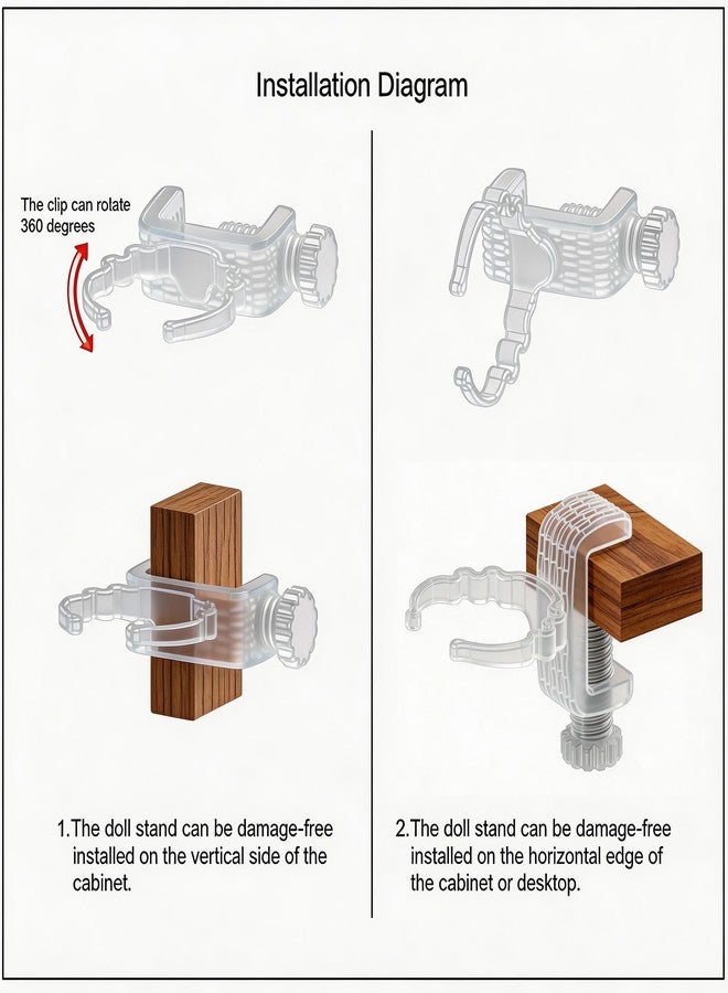 MDOWOK Floating Doll Holder for Shelves & Desktops: Invisible Display Clamp with Universal Fit for 5-10" Figures, Floating Design, Edge-Mount M Size for Furniture 0.36-1.2" Thick (M Type Fit 5-10" Dolls 2 Set White) - Image 5