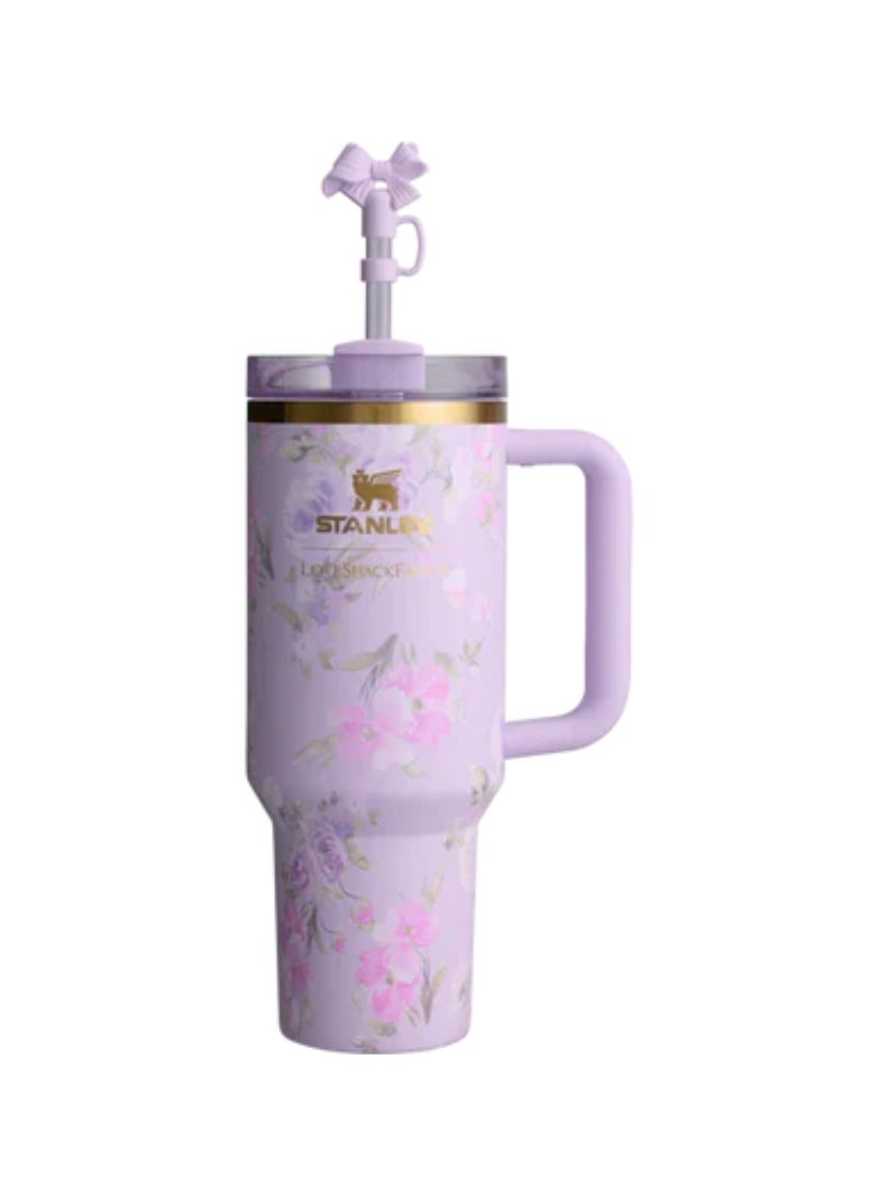 Stanley The Quencher H2.0 Tumbler With Handle And Straw 40 oz Flowstate 3-Position Lid Cup Holder Compatible For Travel Insulated Stainless Steel Cup BPA-Free Stanley X LoveShackFancy Cup Vacuum Insulated Tumbler With Lid and Straw For Water, Iced Tea Or Coffee, Smoothie And More Ribbon Rosa Purple - Image 1