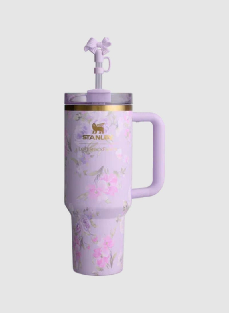 Stanley The Quencher H2.0 Tumbler With Handle And Straw 40 oz Flowstate 3-Position Lid Cup Holder Compatible For Travel Insulated Stainless Steel Cup BPA-Free Stanley X LoveShackFancy Cup Vacuum Insulated Tumbler With Lid and Straw For Water, Iced Tea Or Coffee, Smoothie And More Ribbon Rosa Purple - Image 3