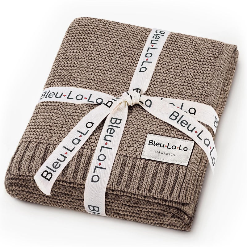Bleu La La Heritage Knit Organic Cotton Baby Swaddle Blanket - 100% Luxury Organic Cotton Knit Receiving Blanket - Soft Warm Unisex Blankets for Newborns Infants Boys & Girls (0-2Yrs - Milk Chocolate) - Image 1