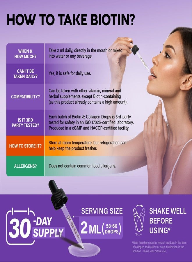 NUTRAHARMONY Liquid Biotin & Collagen 60,000 mcg - Vitamins for Hair Growth Support - Extra Strength Drops for Women & Men - Liquid Collagen Supplement - Strong Nails & Healthy Skin - Made in USA - 2 Fl Oz - Image 5
