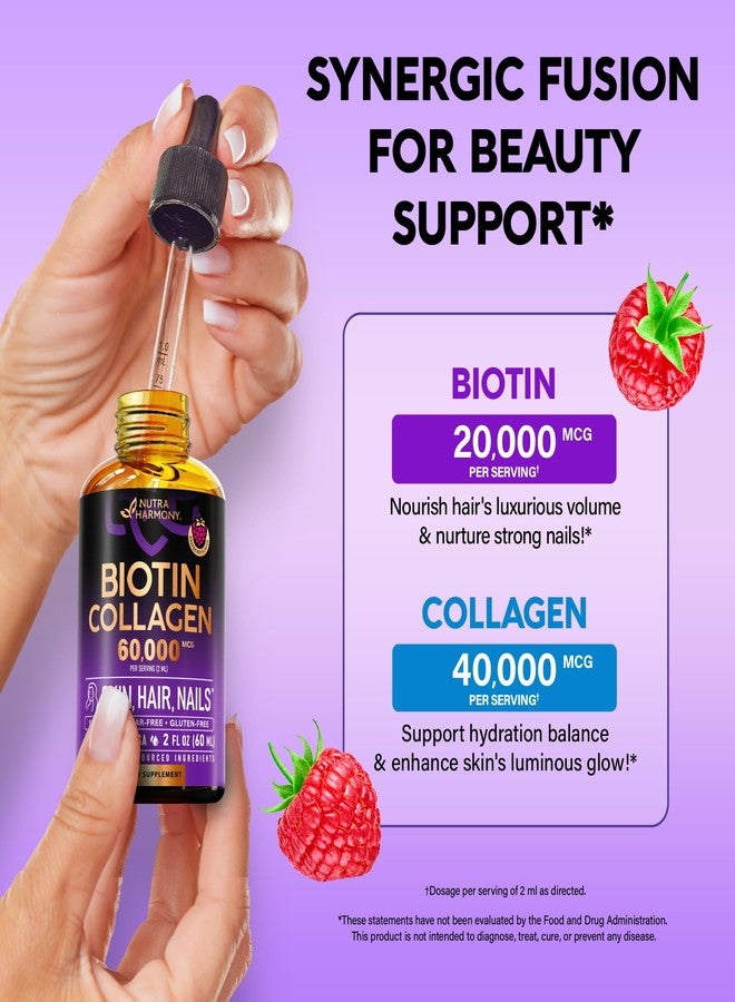 NUTRAHARMONY Liquid Biotin & Collagen 60,000 mcg - Vitamins for Hair Growth Support - Extra Strength Drops for Women & Men - Liquid Collagen Supplement - Strong Nails & Healthy Skin - Made in USA - 2 Fl Oz - Image 4