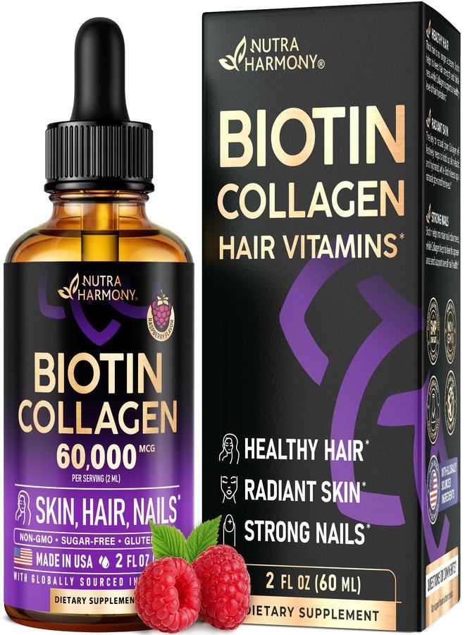 NUTRAHARMONY Liquid Biotin & Collagen 60,000 mcg - Vitamins for Hair Growth Support - Extra Strength Drops for Women & Men - Liquid Collagen Supplement - Strong Nails & Healthy Skin - Made in USA - 2 Fl Oz - Image 1