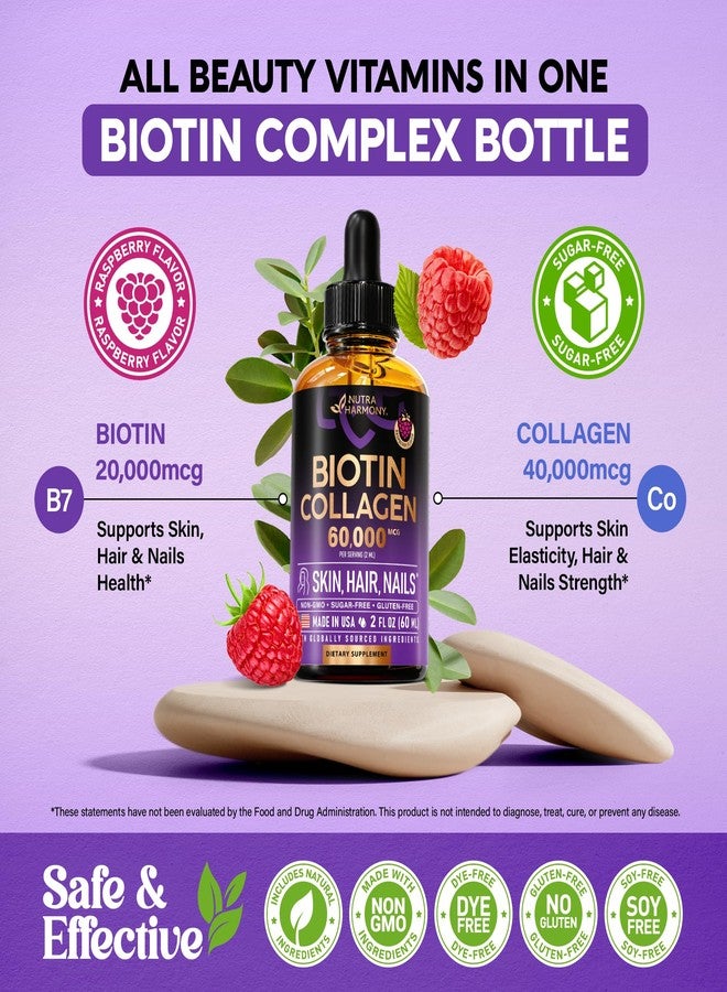 NUTRAHARMONY Liquid Biotin & Collagen 60,000 mcg - Vitamins for Hair Growth Support - Extra Strength Drops for Women & Men - Liquid Collagen Supplement - Strong Nails & Healthy Skin - Made in USA - 2 Fl Oz - Image 3
