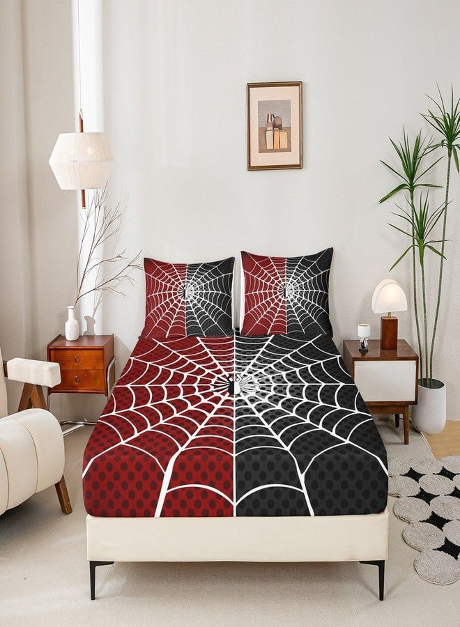 Man Fei Manfei Spider Kids Fitted Sheet Full Size, White Spider Web Black Dots Bedding Set 3pcs for Boys Girls Room Decor, Red and Black Bed Cover with 2 Pillowcases, Soft Polyester Bedding, No Top Sheet - Image 5