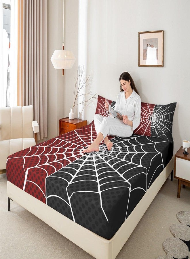 Man Fei Manfei Spider Kids Fitted Sheet Full Size, White Spider Web Black Dots Bedding Set 3pcs for Boys Girls Room Decor, Red and Black Bed Cover with 2 Pillowcases, Soft Polyester Bedding, No Top Sheet - Image 2