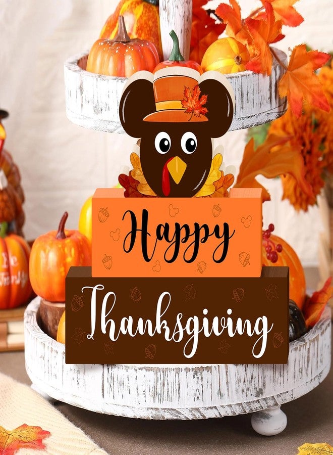 CIOEY Thanksgiving Table Signs Decorations, Mouse Shaped Turkey Wooden Blocks Table Decor, Happy Thanksgiving Harvest Autumn Fall Wood Decorative Signs for Home Tabletop Tiered Tray Shelf Decor 3 Layered - Image 3