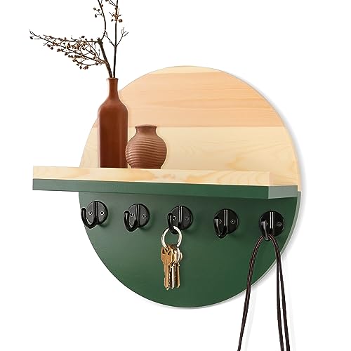 Gurfuy Key Holder for Wall with Shelf - Wood Mail Organizer and Rack with Shelf Hooks Wall Mounted for Entryway Decor Magazines Letter Storage Farmhouse Living Room Bedroom Doorway Green - Image 1