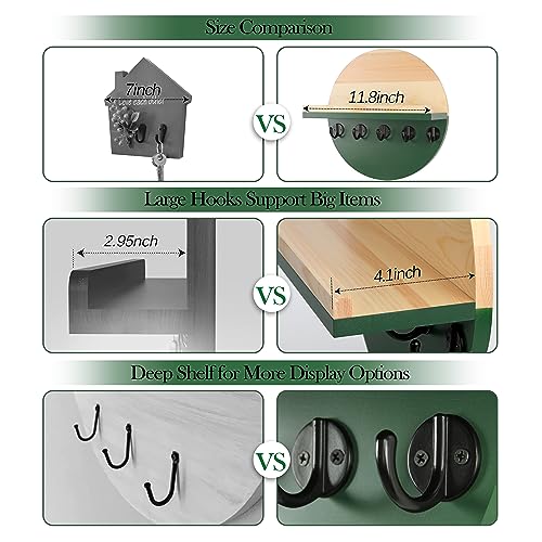 Gurfuy Key Holder for Wall with Shelf - Wood Mail Organizer and Rack with Shelf Hooks Wall Mounted for Entryway Decor Magazines Letter Storage Farmhouse Living Room Bedroom Doorway Green - Image 2