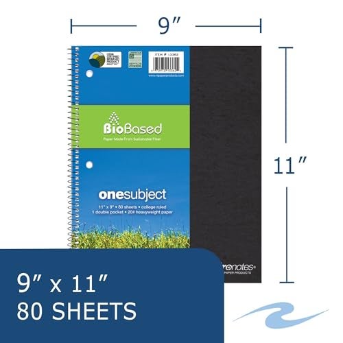 ROARING SPRING Environotes Recycled Spiral Notebook, 1 Subject, 11" x 9", 80 Perforated Sheets, 20 lb Bio-Based Paper, College Ruled w/Margin, Assorted Earthtone Covers, Double Pocket, Made in USA - Image 2