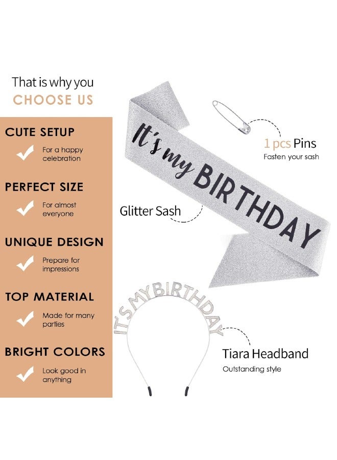 Birthday Girl Sash & Headband Set, Birthday Crowns for Women, IT'S MY BIRTHDAY Headband & ITS MY BIRTHDAY Sash for Girl, Birthday Headband for Women Parties Favors Gift (Sliver) - Image 3