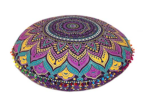 CRAFT KALA 32 in Round Mandala Floor Pillow Cushion Cover Seating Throw Cover Hippie Decorative Bohemian Ottoman Poufs Pillow Cover Cases Boho Cotton Living Yoga Home Dcor New Pink Ombre