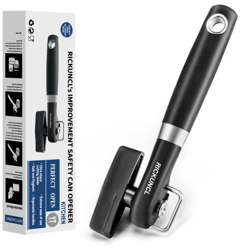 RICKUNCL Can Opener Smooth Edge, Safe Cut Can Openers, Oversized Rubber Knob, No Sharp Edges With Soft Grips, Can Openers Hand Held for Kitchen, Easy to Use & Storage - Safety Can Opener - Image 1