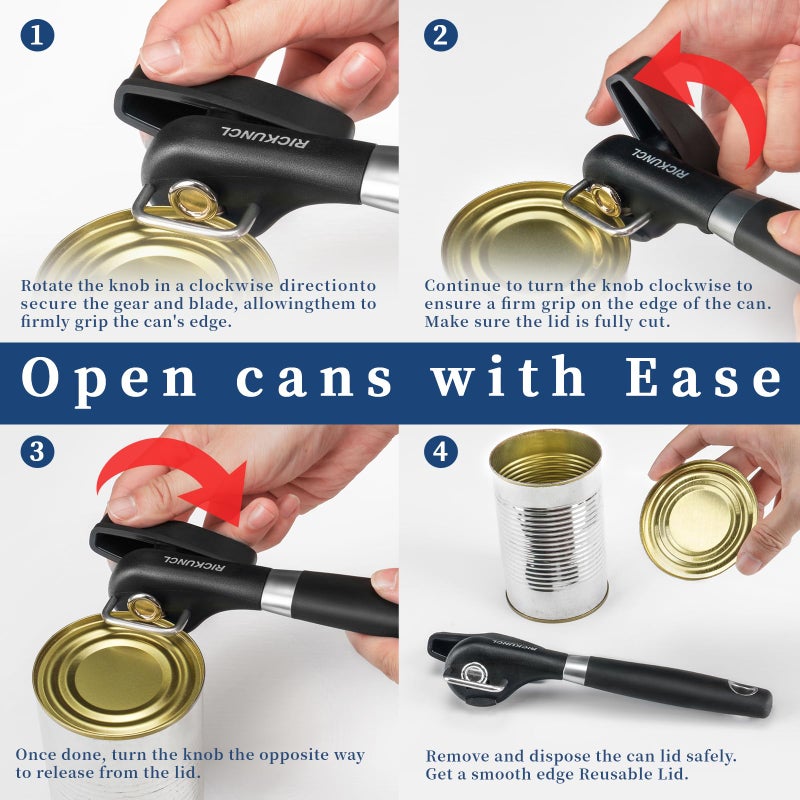 RICKUNCL Can Opener Smooth Edge, Safe Cut Can Openers, Oversized Rubber Knob, No Sharp Edges With Soft Grips, Can Openers Hand Held for Kitchen, Easy to Use & Storage - Safety Can Opener - Image 4