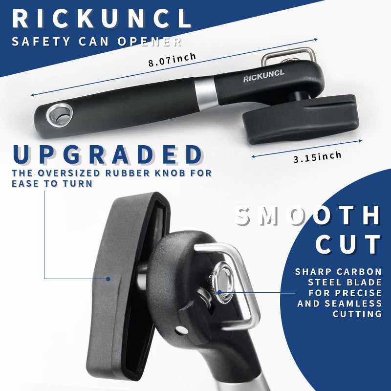 RICKUNCL Can Opener Smooth Edge, Safe Cut Can Openers, Oversized Rubber Knob, No Sharp Edges With Soft Grips, Can Openers Hand Held for Kitchen, Easy to Use & Storage - Safety Can Opener - Image 3