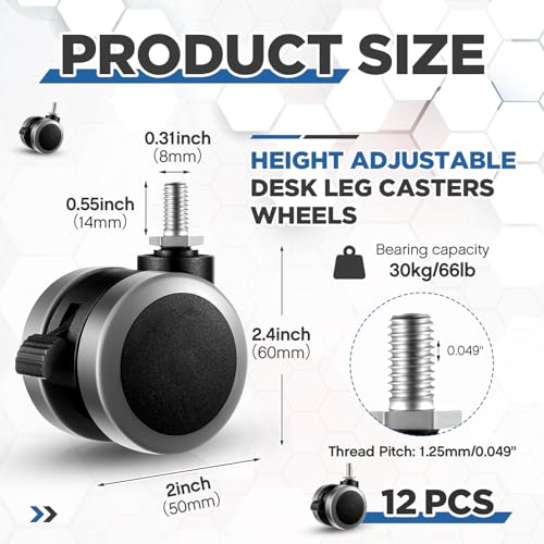 Cinnvoice 12 Pcs M8 Threaded Casters Wheels 2 Inch Swivel Office Chair Stem Caster with Locking Brake for Replacement Heavy Duty Nylon Casters for Standing Mobile Desk Luggage Furniture Accessories - Image 3