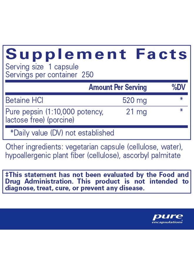 Pure Encapsulations Betaine HCl Pepsin - Digestive Enzymes Supplement for Digestion Aid & Support, Stomach Acid & Nutrient Absorption* - with Betaine HCl Pepsin - 250 Capsules - Image 2