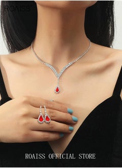 roaiss 2-Piece Jewelry Set with Necklace and Earring Full Diamond V Neck Water Drop Pendant Necklace Stud Earrings Set  - Image 2