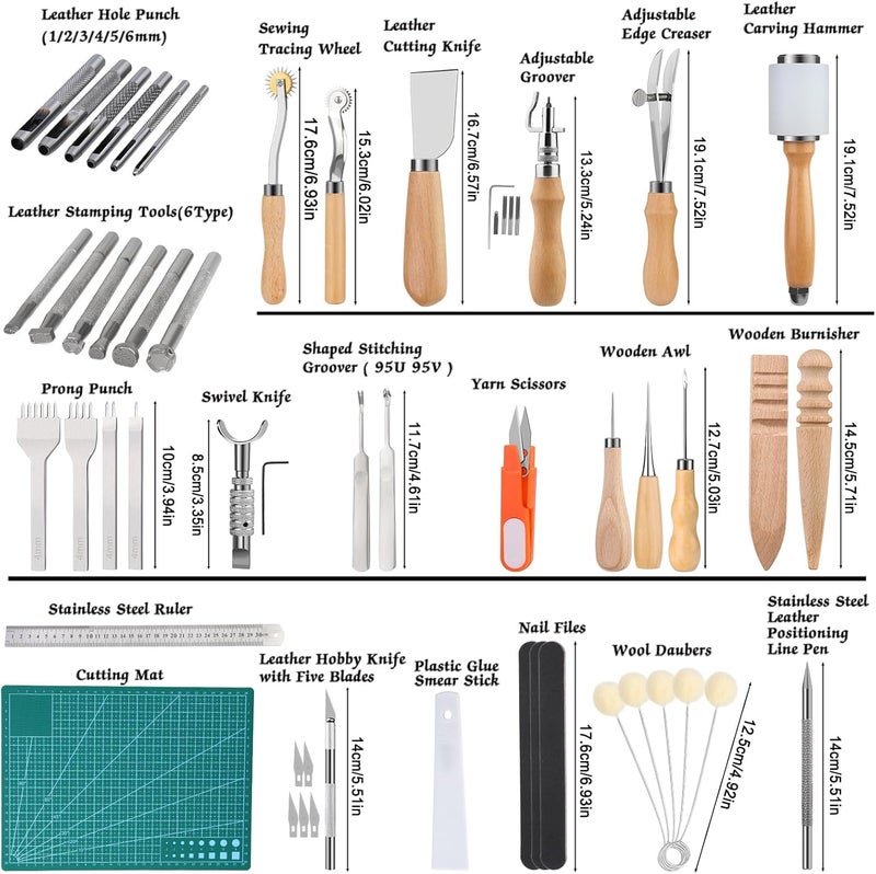 JUPEAN Leather Working Kit, Leather Tooling Kit, Working Tool Kits with Leathers Stamping Tools Storage Bag Cutting Mat Prong Punch Waxed Thread Stitching Groover for DIY Craft - Image 2