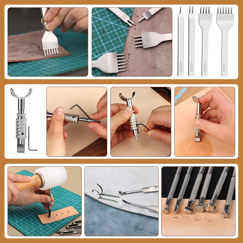 JUPEAN Leather Working Kit, Leather Tooling Kit, Working Tool Kits with Leathers Stamping Tools Storage Bag Cutting Mat Prong Punch Waxed Thread Stitching Groover for DIY Craft - Image 5