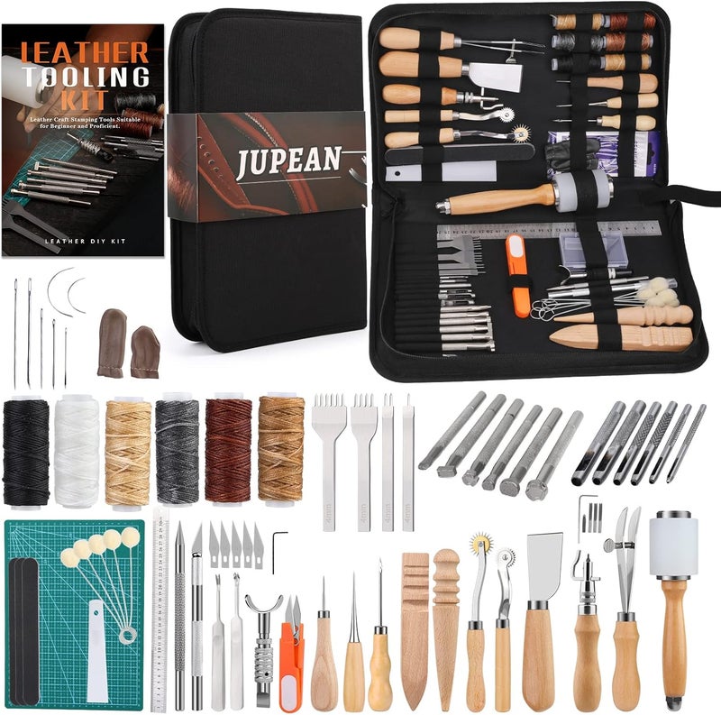 JUPEAN Leather Working Kit, Leather Tooling Kit, Working Tool Kits with Leathers Stamping Tools Storage Bag Cutting Mat Prong Punch Waxed Thread Stitching Groover for DIY Craft - Image 1
