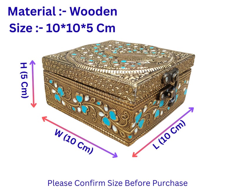 CRAFTS WORLD Wooden Oxidized Jewellery Box | Multipurpose Vanity Storage Box for Women | 4x4 Wooden Gift Box for Rings, Earrings, Necklace | Ideal Wedding, Anniversary & Pooja Return Gift (Pack Of 1) - Image 3