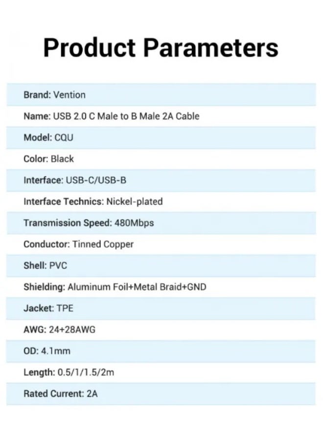 فينشن كابل USB 2.0 من ذكر C إلى ذكر B بطول 2 أمبير من VENTION بطول 0.5 متر، أسود، رقم الموديل CQUBD  - Image 2