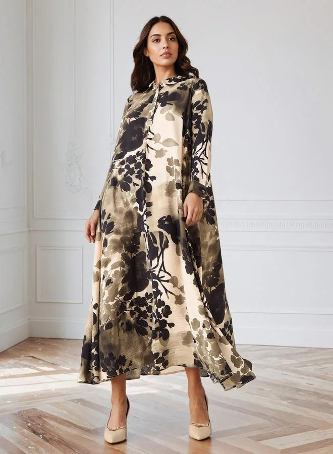 ايكونيك فستان ترا بيز بياقة وطبعة زهور أيقونية