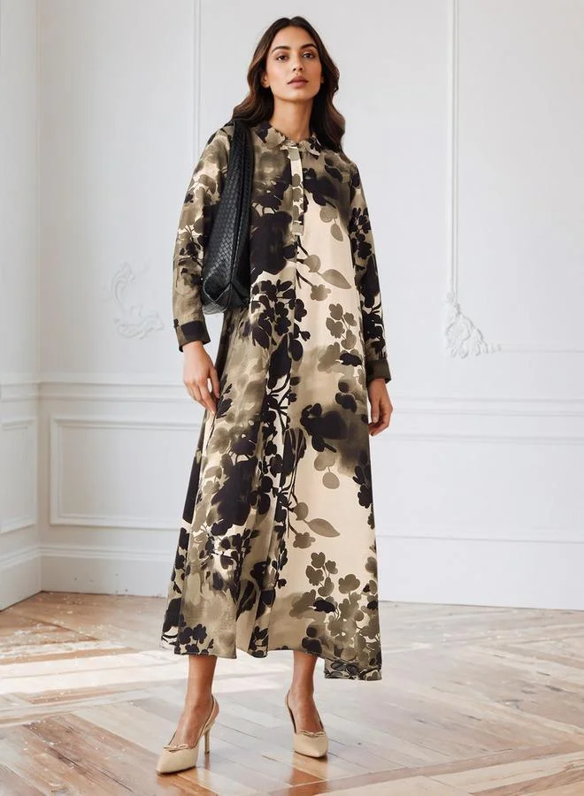 ايكونيك فستان ترا بيز بياقة وطبعة زهور أيقونية