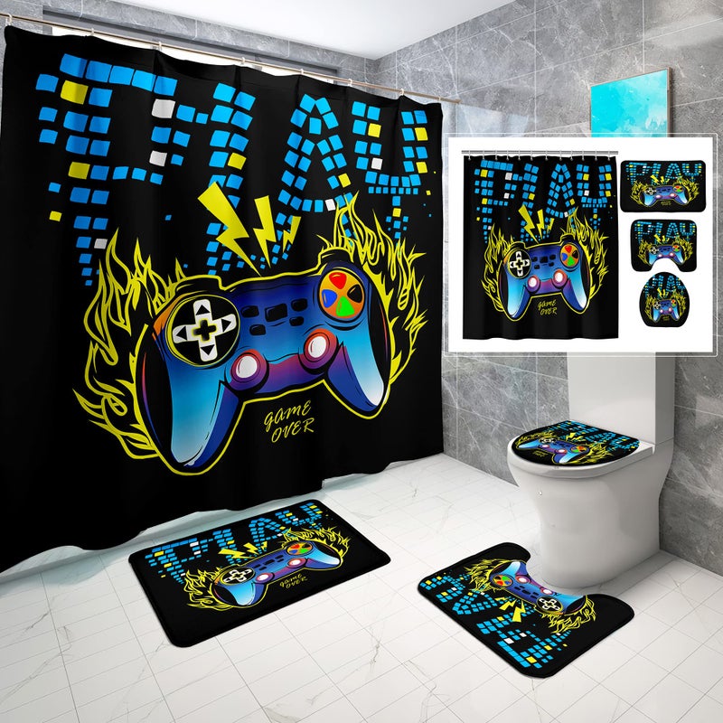kodhyvj kodhyvj 4 Pcs Gaming Shower Curtain Set for Bathroom Boys Gamer Bath Curtain for Kids Teens Gamepad Controller Curtains with Rugs Bathroom Decor Video Games Curtain Fabric with Hooks