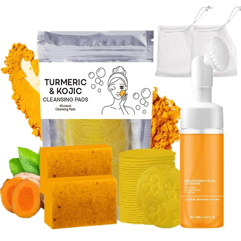 LuckNest 4Pcs Turmeric Wash and Care Set Tuemeric Facial Cleanser Turmeric Cleansing Exfoliating Pads Soap Combo Cleansing Mousse Face Wash and Soap Bundle for Face Body - Image 1