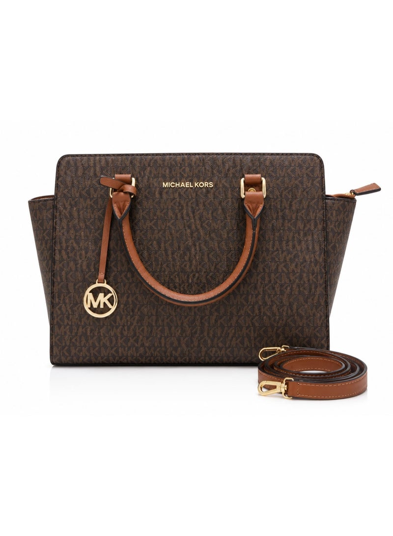 Michael Kors Women's Brown Signature Monogram Structured Tote Bag with Leather Handles - Image 1