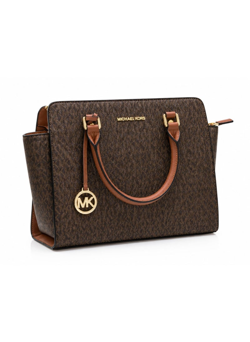 Michael Kors Women's Brown Signature Monogram Structured Tote Bag with Leather Handles - Image 3