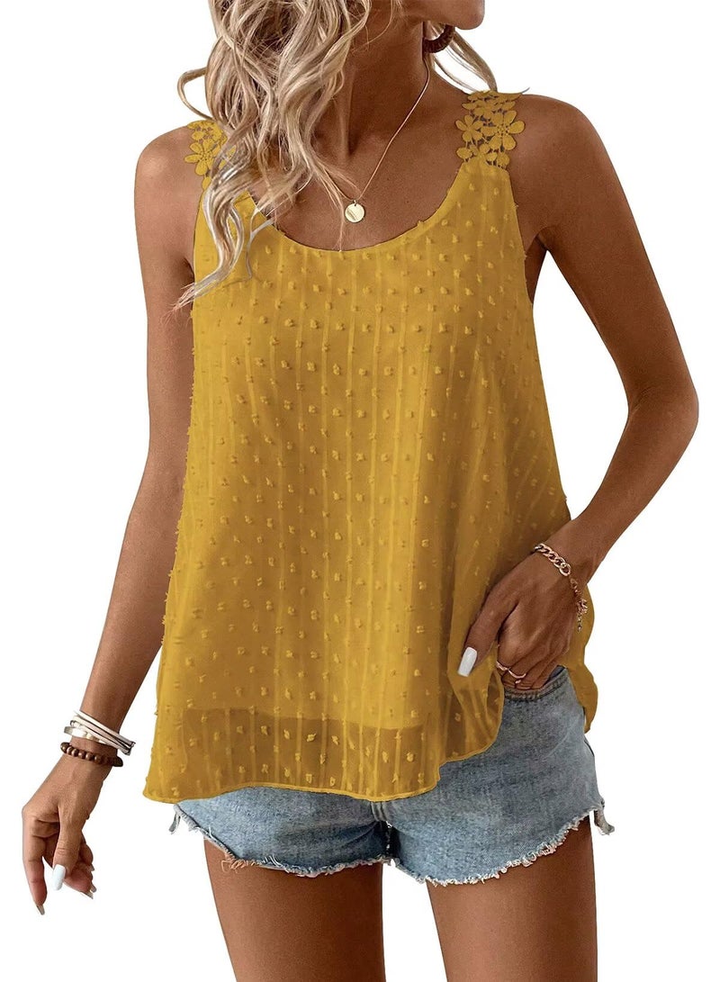 Falechay Sleeveless Shirts for Women Cute Blouse Bohemian Solid Square Neck Flowy Lace Summer Tunic Tops Sleeveless Girls Peplum Babydoll Dressy Casual Clothing Yellow L - Image 1
